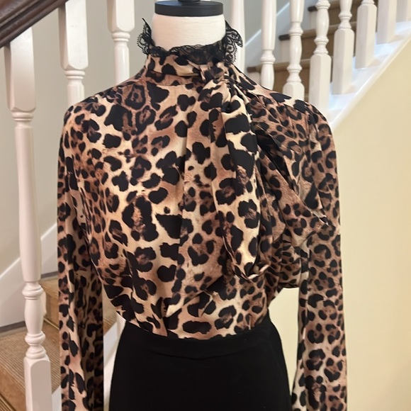 Rodarte Leopard Lace Trimmed Long Sleeve Blouse with Tie Neck - Picture 1 of 15